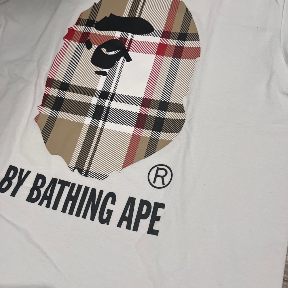 Bape White and Brown Plaid Graphic Tee